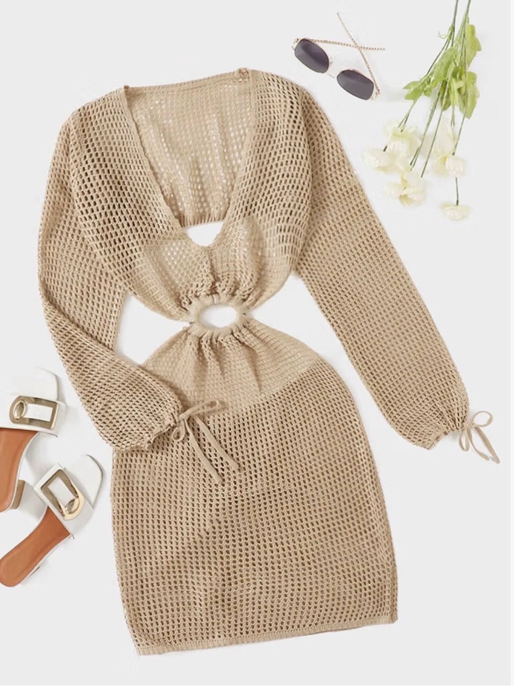 Make Me Chic Crochet Knit Cutout Dress in Apricot